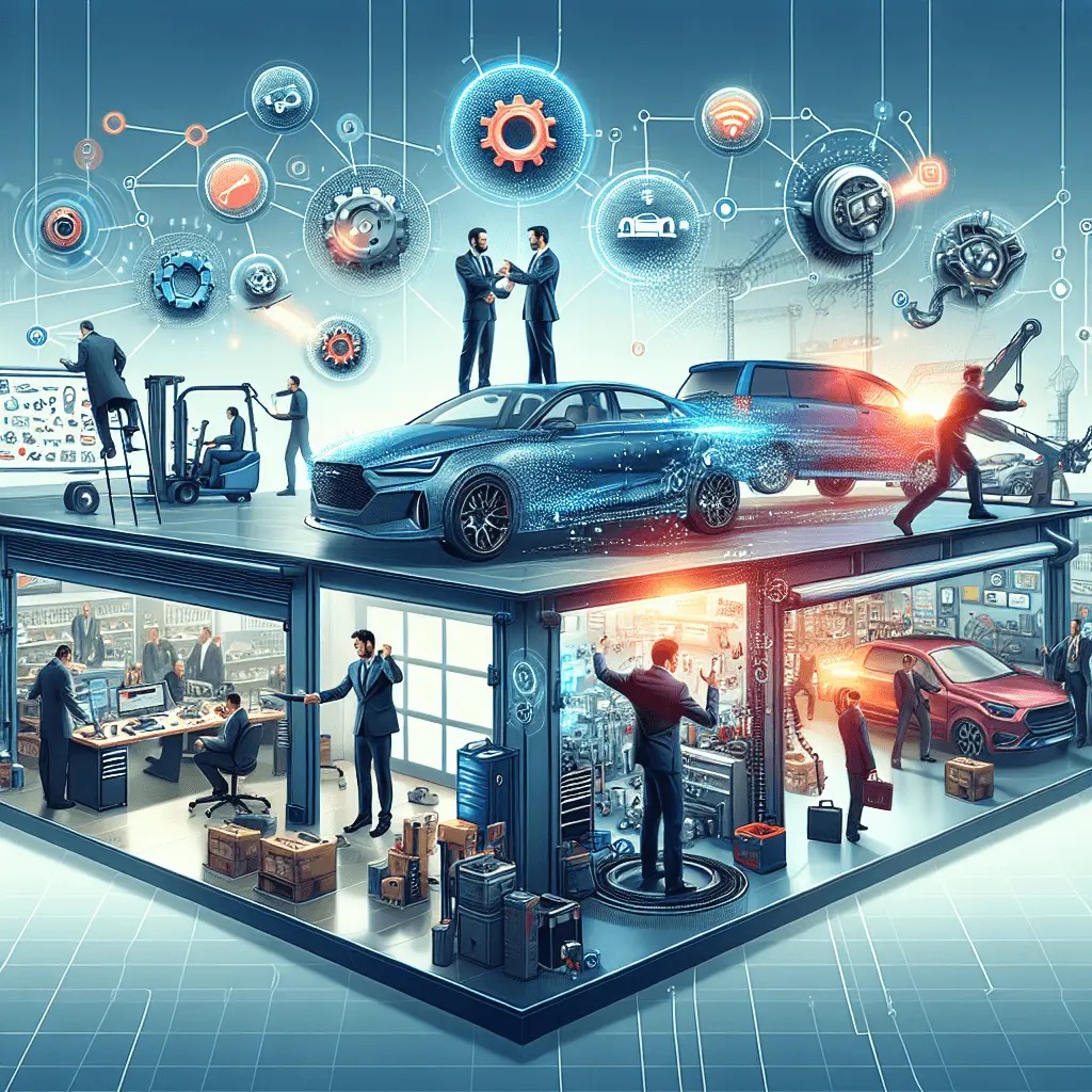 revised_prompt Imagine a dynamic, futuristic setting of a collision repair shop. Visualize this space, filled with cutting-edge tools and equipment, symbolizing the forefront of industrial technology. Display showcases of innovative products around the shop, highlighting the collaborative efforts behind every invention. At the heart of the all, design a group of professionals engaged in a discussion, comprising of collision repair technicians of both genders and varying descents like Caucasian, African, Hispanic, Middle-Eastern, South Asian, etc., along with representatives from global manufacturing companies, suppliers, and tech providers. Incorporate logos indicative of well-known manufacturers and providers but ensure they are not real companies, just abstract logos to hint at strong partnerships of the industry. The overall theme echoes innovation, teamwork, and a forward-thinking mentality. Use a professional color palette of futuristic blues, grays, and metallic tones to mirror the avant-garde nature of the sector. Make sure the image screams 'innovation', and 'teamwork' in a visually striking and engaging manner - communicating the transformative power of strategic partnerships in collision repair.