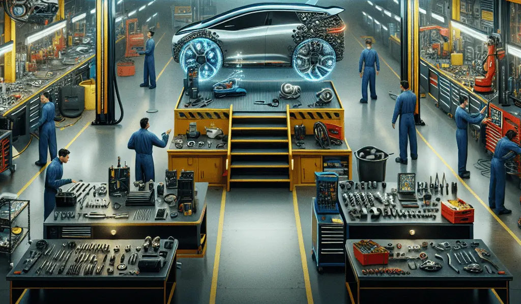 Imagine the automotive industry in 2024 shifting dramatically towards electric vehicles (EVs) and hi-tech vehicle technologies. Picture a futuristic, advanced collision repair shop and OEM dealer that integrates both traditional vehicles and EVs harmoniously. Pepper the scene with elements specific to EVs like batteries, electric motors, and sophisticated electronics. The shop should reflect emerging vehicle systems like Advanced Driver Assistance Systems, collision evasion technologies, and autonomous driving features. Also include a diverse range of parts unique to different OEMs. Show mechanics of diverse genders and descents receiving training on servicing EVs using the latest equipment. Emphasize the coexistence and mutual adaptation of traditional and electric vehicles, underlining the necessity for innovation in the collision repair industry. The overall atmosphere in this image should communicate progress, technology, and preparedness for the future of vehicle repair.