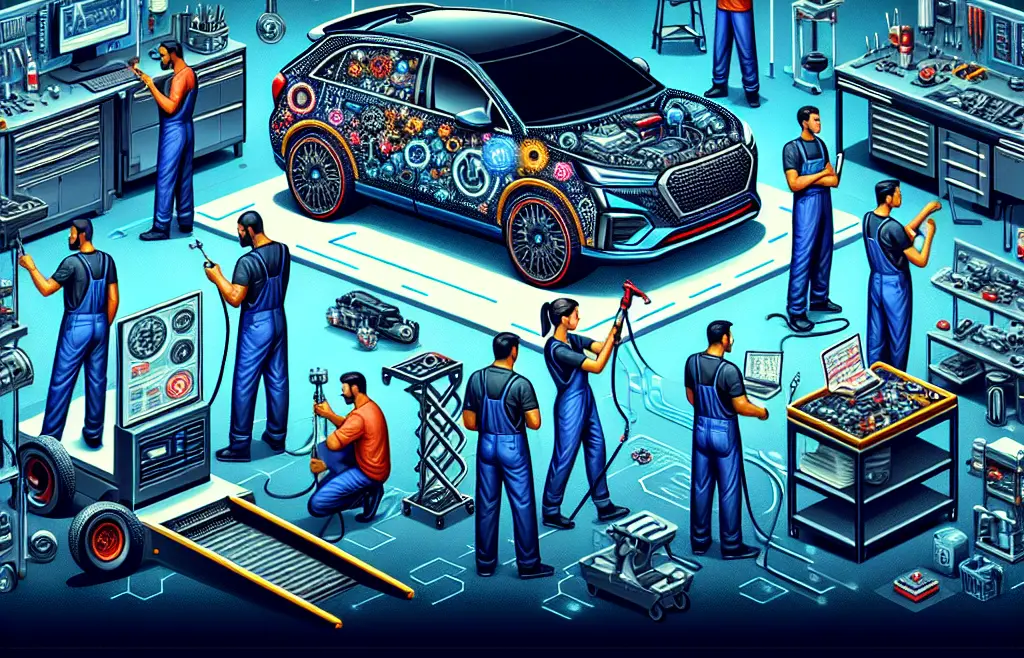 Design an engaging image for a blog post about the evolution of the automotive industry and technology's role in collision repair parts sales. The image should demonstrate the intersection of traditional collision repair methods with novel technological developments. Construct the foreground with a highly advanced collision repair shop equipped with ultra-modern diagnostic tools. Show a diverse group of skilled Caucasian female, Black male, South Asian male, and Hispanic female technicians repairing a vehicle endowed with innovative features like ADAS sensors, collision prevention systems, and autonomous driving. Highlight the meticulousness and skill needed to work on these pioneering systems. Have the background presenting a vibrant digital marketplace selling a variety of OEM parts online. Incorporate elements symbolizing the move to e-commerce, such as digital screens, online shopping carts, and sleek modern design aesthetics, emphasizing the ease and reachability of online parts purchase. Use a color palette of futuristic metallic hues such as silver, chrome, and electric blue to portray a notion of innovation and progress. Blend in subtle automotive motifs including gears, circuit patterns, and vehicle outlines for a cohesive look. Create a dynamic composition that draws the viewer's attention to the working collision repair professionals in the front, while subtly hinting at the digital revolution of parts sales in the backdrop. The image should project modernity, expertise, adaptability - capturing the essence of the automotive industry's digital-age evolution.